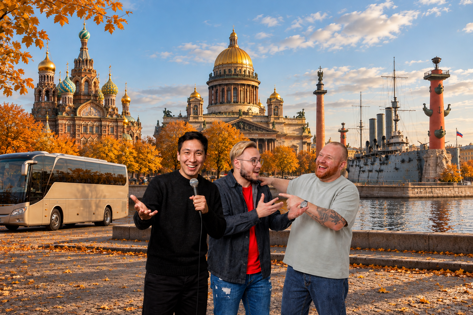 Юмористическая автобусная экскурсия по Петербургу «2 в 1» с комиком и гидом со скидкой 64%